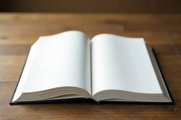 Clean white book with empty pages on a wooden table, wooden table, page, paper