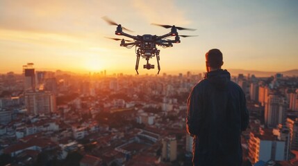 A drone flies over a cityscape at sunset, capturing an aerial view of the urban skyline with tall buildings and a park below. The scene highlights the use of technology in modern photography and video