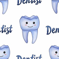 Seamless Pattern Blue Kawaii Tooth and Text Dentist Big Design on White Background
