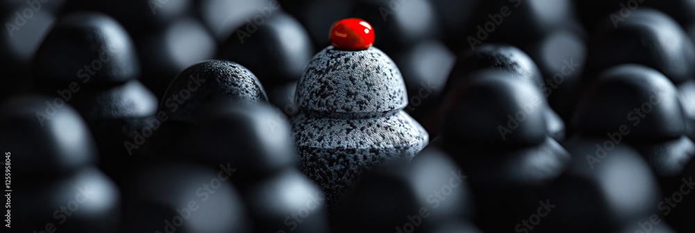 Poster red sphere atop gray textured object amidst dark gray objects