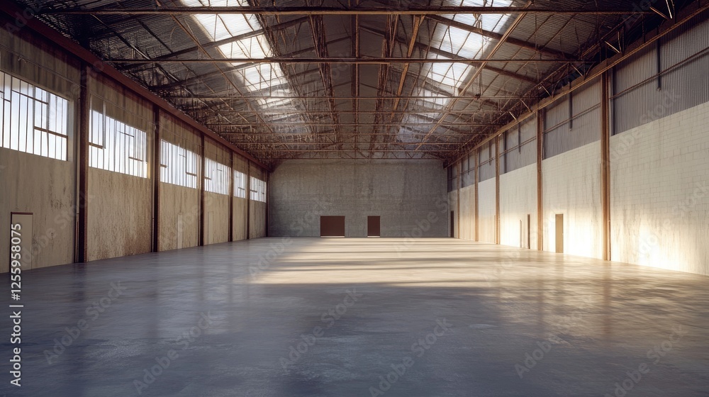 Aufkleber an empty warehouse setting with a minimalistic design, emphasizing vast open areas and high ceilings