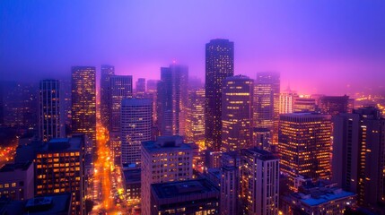 Fototapeta premium A vibrant city skyline at dusk, illuminated by colorful light amidst a foggy atmosphere