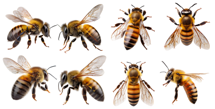 Close-Up Views of Honey Bees in Various Poses and Angles, isolated on transparent background
