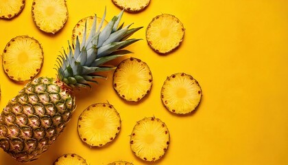 Fresh pineapple and sliced rings on a vibrant yellow background create a summery vibe