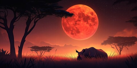 Large red moon is in the sky above a savanna
