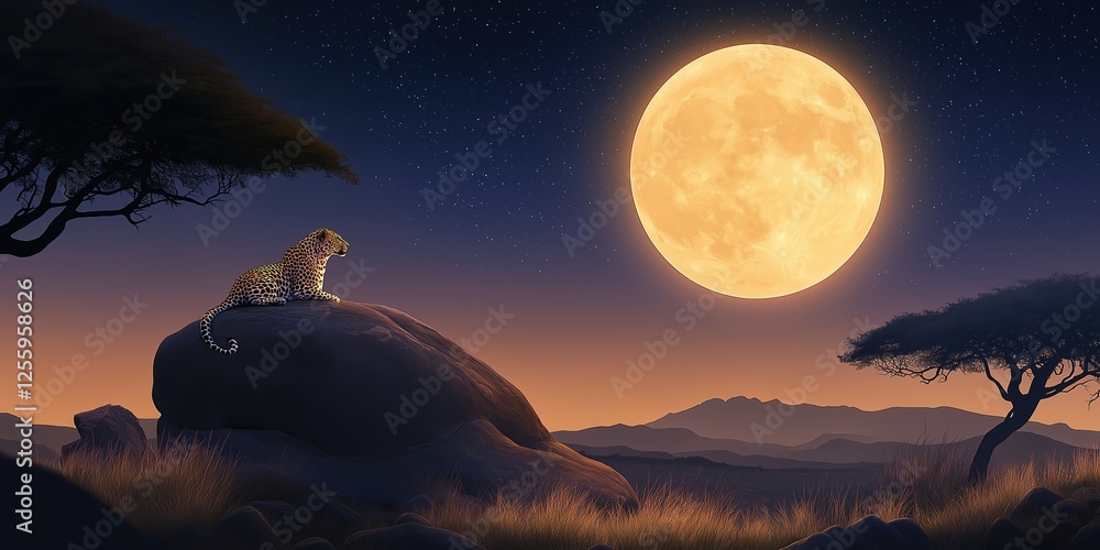 Wall mural leopard is sitting on a rock in front of a large moon
