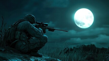Night Ops: Lone Sniper Under the Full Moon