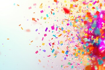 Colorful confetti explosion, bright background, space for text
