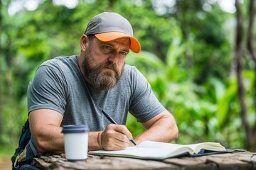 Mental health wellness journaling concept. A man with a beard, wearing a cap, sits in a lush green setting, writing in a notebook beside a coffee cup.