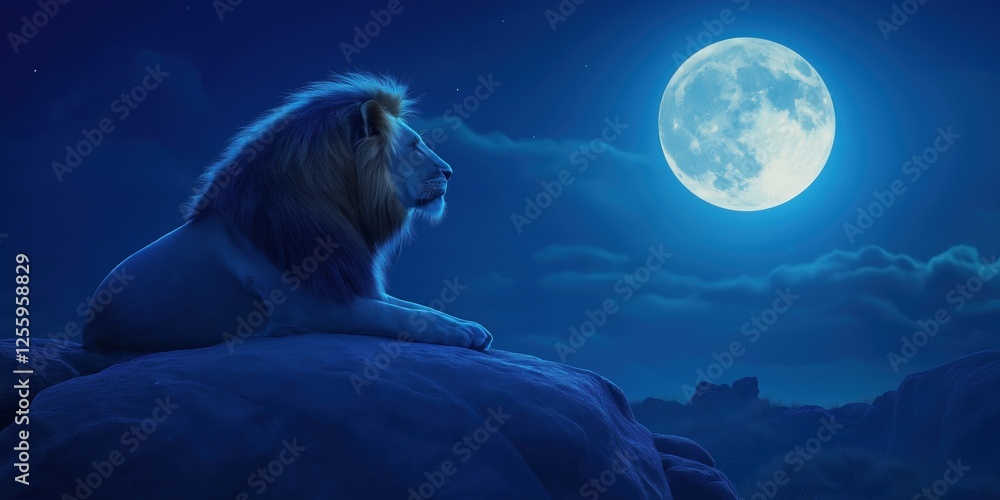 Canvas Prints lion is sitting on a rock in front of a large moon