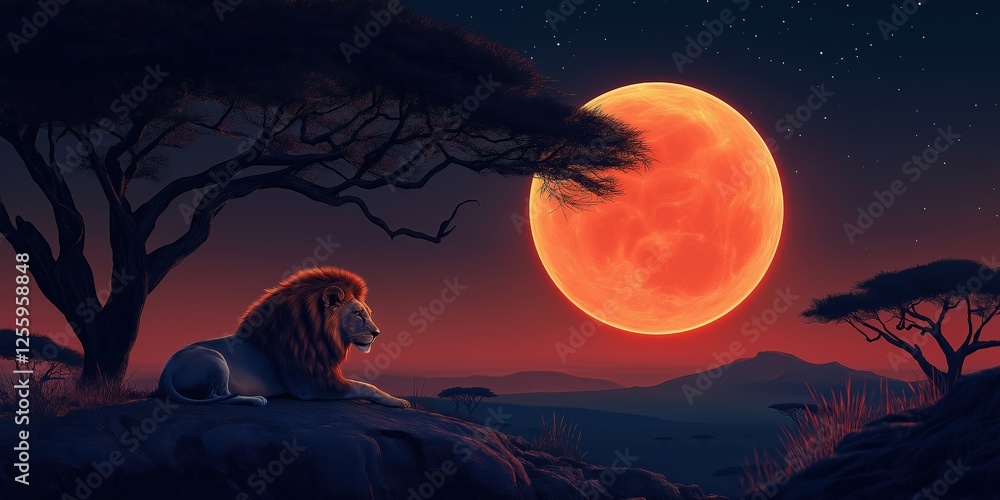 Canvas Prints lion is laying down in the grass next to a large red moon