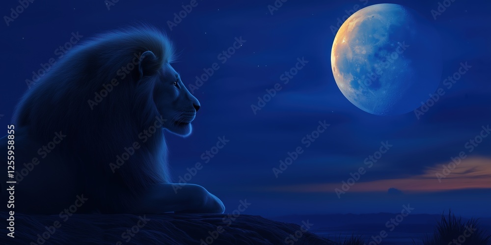 Canvas Prints lion is laying on a rock in front of a large moon