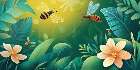 Painting of a forest with a group of bees flying around flowers
