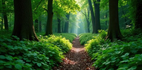 Fototapeta premium Dense undergrowth lining a winding forest path, bushes, foliage