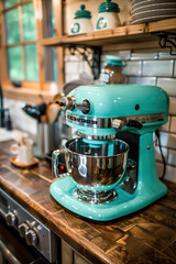 Vintage kitchen with retro appliances, warm tones, and checkered flooring styled from the 1970s