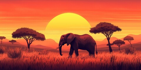 Obraz premium Large elephant walks through a field of tall grass in front of a setting sun