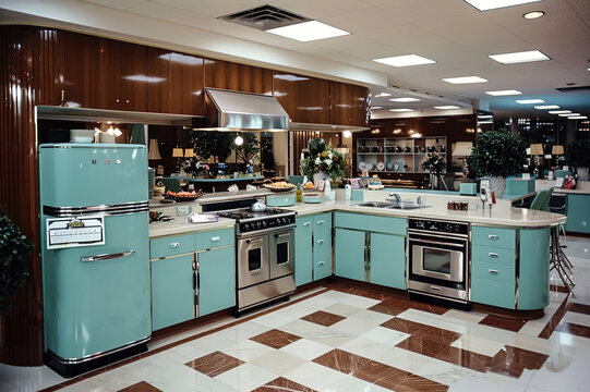 Vintage kitchen with retro appliances, warm tones, and checkered flooring styled from the 1970s