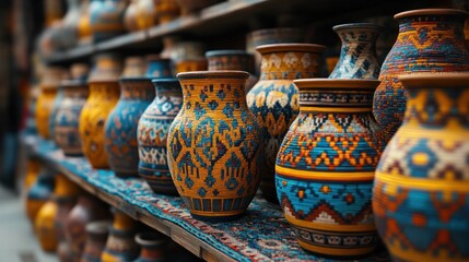 Colorful ceramic vases on shelves in a market