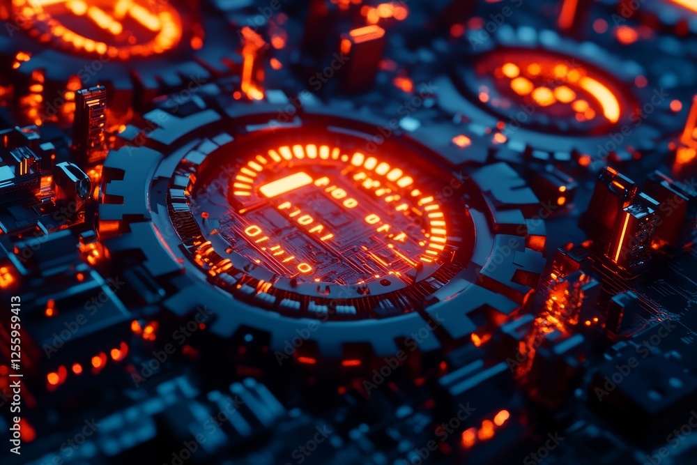 Poster futuristic digital circuit board design with neon paths and mechanical integration elements