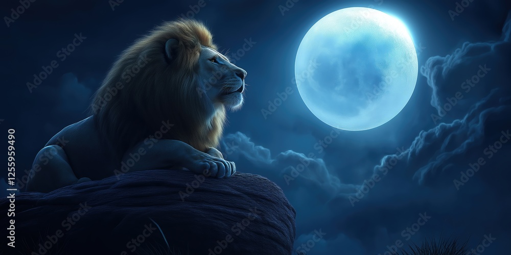 Wall mural lion is sitting on a rock in front of a full moon