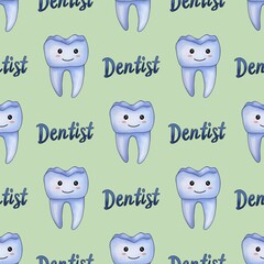 Seamless Pattern Blue Kawaii Tooth and Text Dentist Small Design on Pastel Green Background