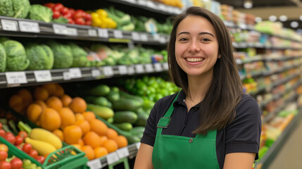 Obraz premium Smiling greengrocer posing in front of fresh produce display at supermarket