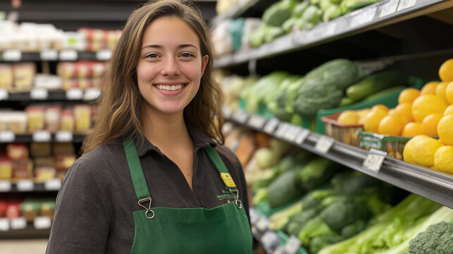 Smiling grocer working at produce section in supermarket