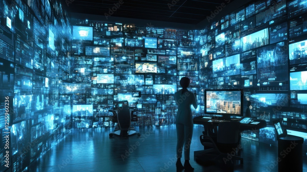 Poster woman analyzing data in futuristic control room with multiple screens