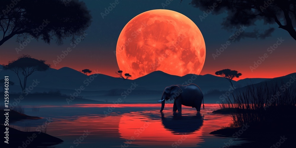 Canvas Prints large elephant is walking across a river in front of a red moon