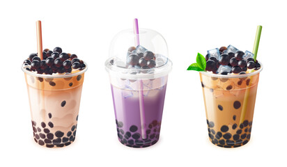Realistic bubble tea. Boba drink plastic cup, cold tea or milk coffee milkshake asian trendy beverages with black tapioca pearl splash cream sugar balls, exact vector illustration