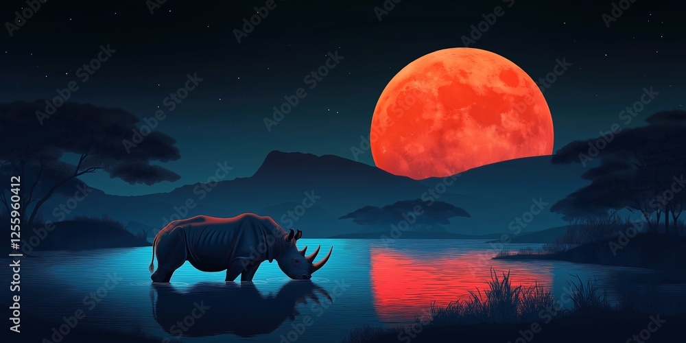 Canvas Prints rhino is walking in front of a large red moon