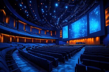 Vast elegant auditorium glows with blue lighting promising an immersive event experience Rows of seats face a grand stage with vibrant screens