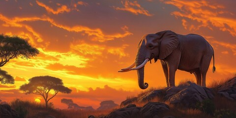 Fototapeta premium Large elephant stands in the wild at sunset
