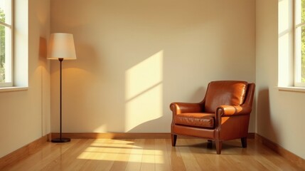 Sunlight illuminates a leather armchair and floor lamp in a minimalist room
