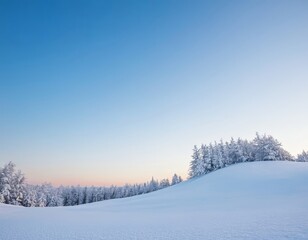 A serene winter landscape at dusk with snow-covered hills and frosted trees.