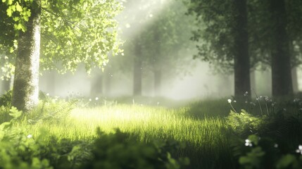 Fototapeta premium Dense forest background with soft sunlight breaking through leaves, creating a calming natural scene