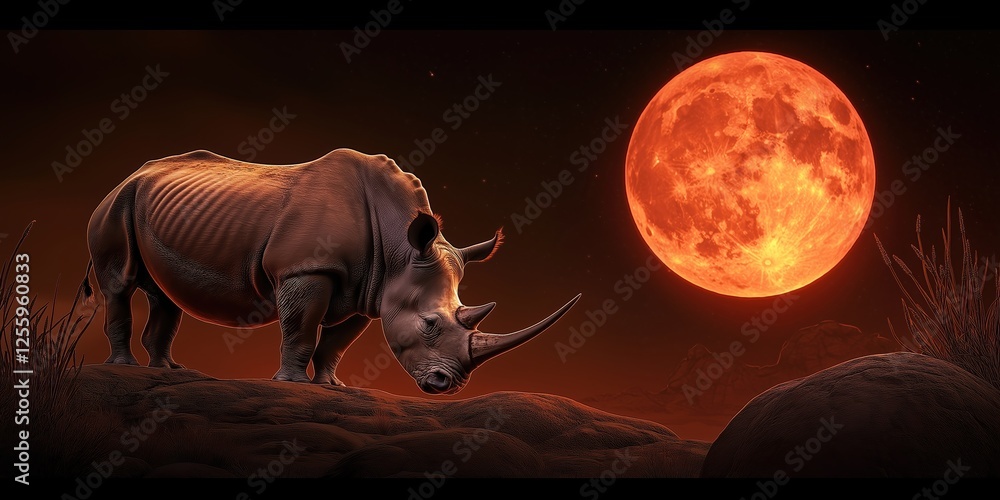 Canvas Prints rhino is standing in front of a large red moon