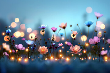 Surreal meadow glows under soft light with vibrant luminous spring flowers in tranquil harmony