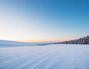 Breathtaking winter landscape at sunrise with untouched snow and a serene blue sky.