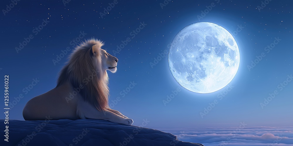 Canvas Prints lion is laying on a rock in front of a large moon