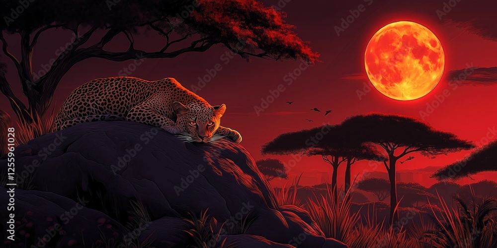 Canvas Prints leopard is laying on a rock in front of a large red moon