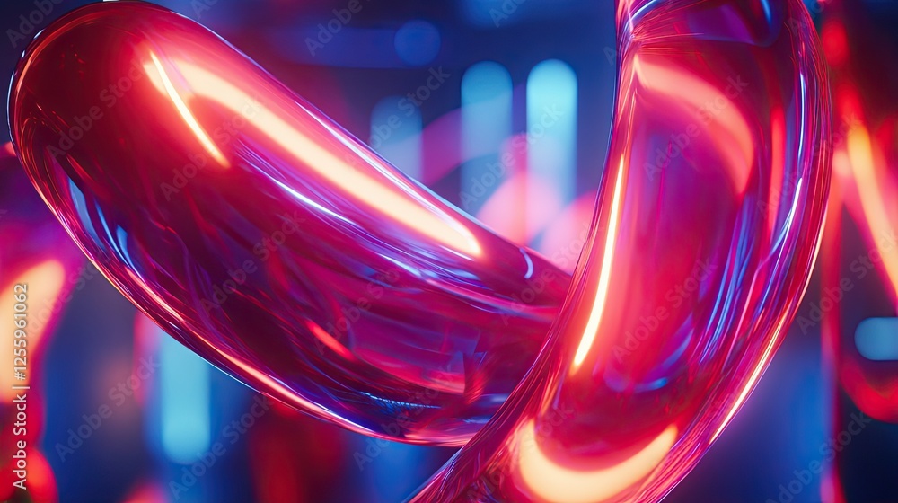 Poster dynamic 3d layers of flowing shapes intertwining and creating movement in a digital, futuristic sett