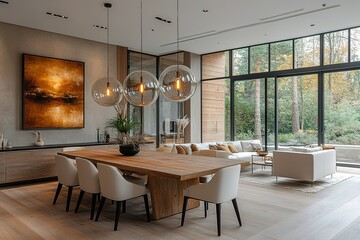 Elegant modern dining and living room with a wooden table white furniture and large windows overlooking a lush green landscape