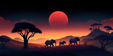 Group of elephants walking across a field with a red moon in the sky