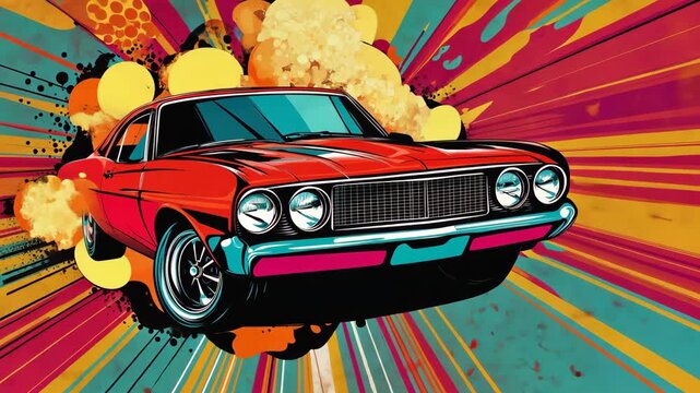 Pop art concept Retro car. Colorful background in pop art retro comic style. Pop art animation video.