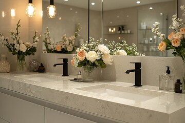 Bright bathroom with a double vanity black faucets floral arrangements and soft lighting creating a relaxing and elegant atmosphere
