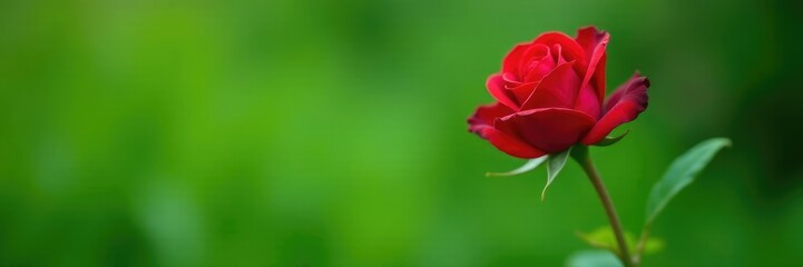Fototapeta premium Elegant single red rose on a verdant green stem, flower, grass, stem