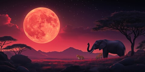 Fototapeta premium Large red moon is in the sky above a field with a large elephant