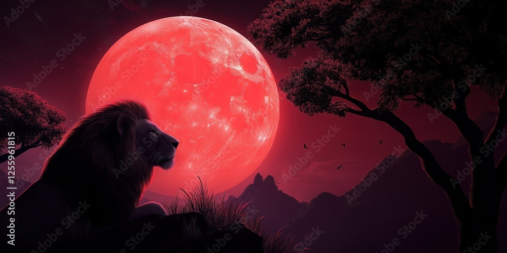 Canvas Prints lion is sitting on a rock in front of a red moon