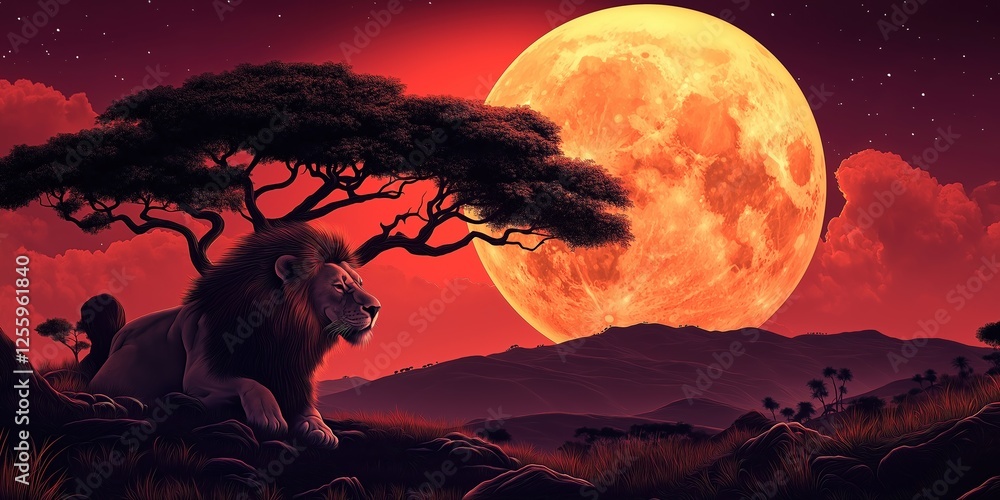 Canvas Prints lion is laying in the grass next to a large red moon